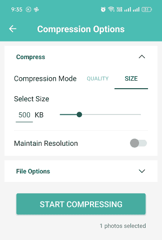 Image compression option with size