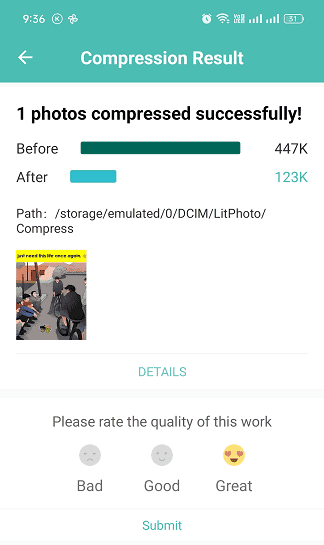 Photo compressed successfully