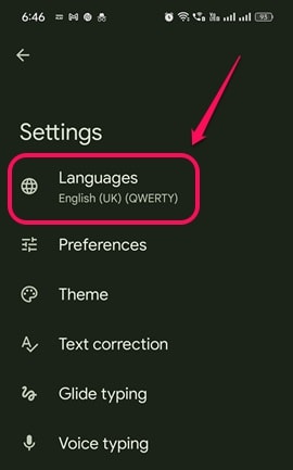 Go to languages option